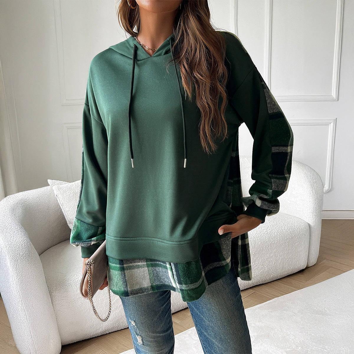 Women's Vintage Oversized Hoodie With Plaid Patchwork Stylish Y2k Clothing Streetwear Round Neck Hooded Long Sleeve Sweatshirts